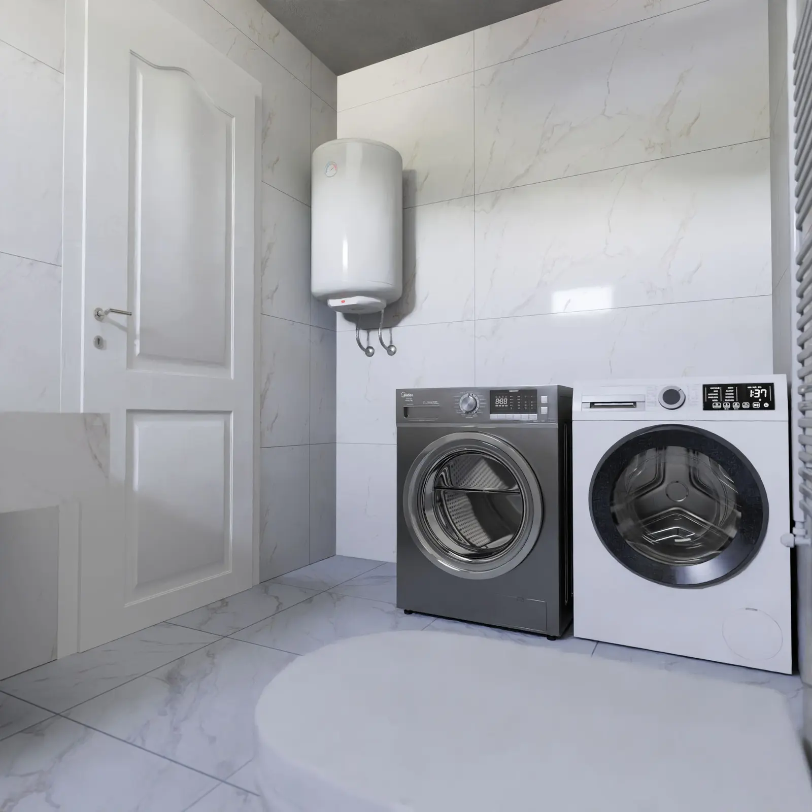 Water heater installed with laundry equipment in a finished utility room